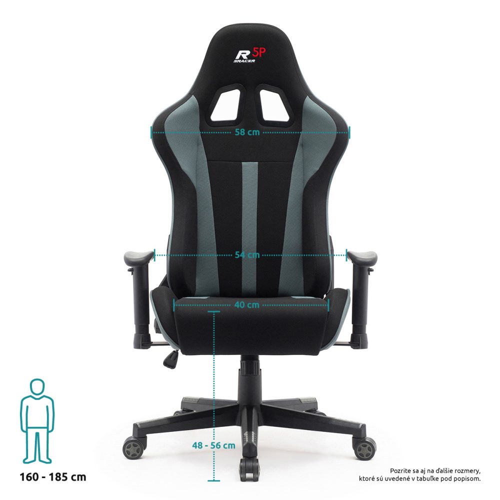 Herná stolička Sracer R5P, nosnosť do 130 kg, 2D opierky rúk, opierka hlavy, bedrová opierka, látka čierna-sivá - Image 3