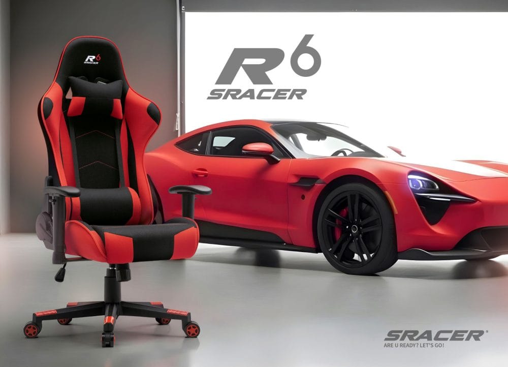 Herná stolička Sracer R6, nosnosť do 130 kg, 2D opierky rúk, opierka hlavy, bedrová opierka, látka čierna-červená - Image 16