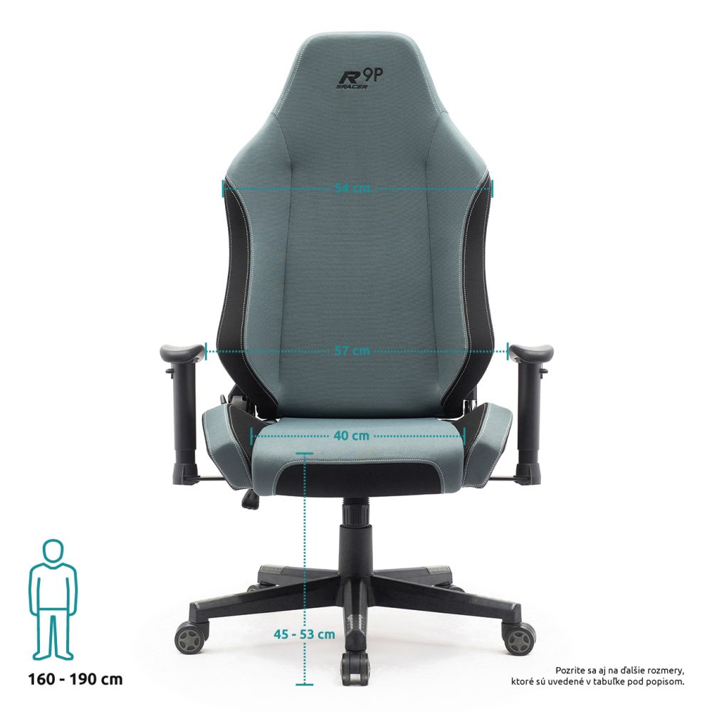 Herná stolička Sracer R9P, nosnosť do 140 kg, 2D opierky rúk, opierka hlavy, bedrová opierka, látka sivá-čierna - Image 3