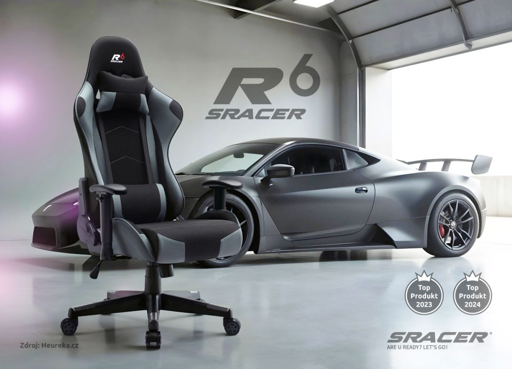 Herná stolička Sracer R6, nosnosť do 130 kg, 2D opierky rúk, opierka hlavy, bedrová opierka, látka čierna-sivá - Image 16