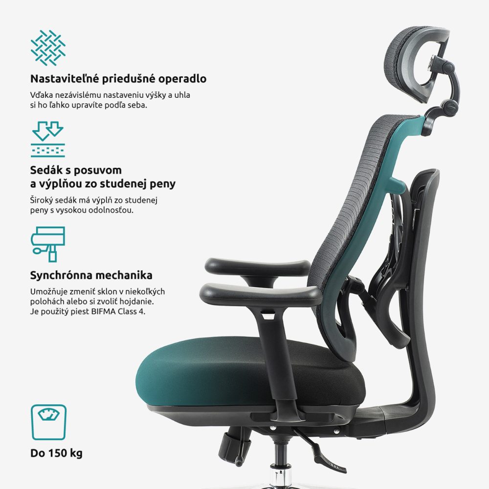 Kancelárska stolička Superkancl SIHOSEAT M95B ALU PDH, nosnosť do 150 kg, posuv sedadla, 3D opierky rúk, 3D opierka hlavy, bedrová opierka, čierna - Image 15
